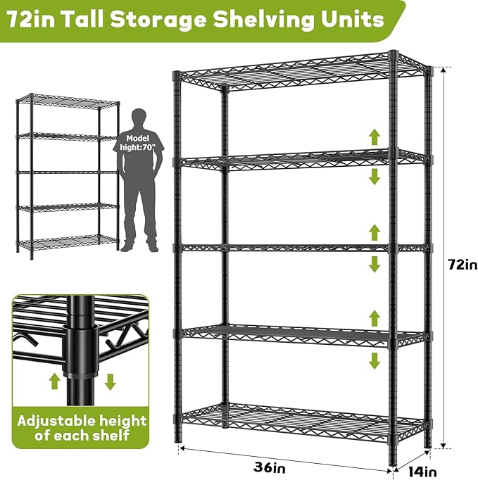MODCART Storage Shelves, 3 PCS 36" L x 14" W x 72" H Heavy Duty Garage Wire Shelving Unit Loads 1750LBS, 5-Tier Adjustable Metal Industrial Utility Shelf Rack for Kitchen, Laundry Room, Basement