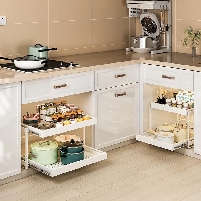 2-Tier Expandable Pull Out Cabinet Organizer, 21" Deep Heavy-Duty Slide Rail Slide Out Drawer Organizers with Adhesive Nano Film for Pots, Roll out Shelf Storage for Kitchen & Pantry Storage,White