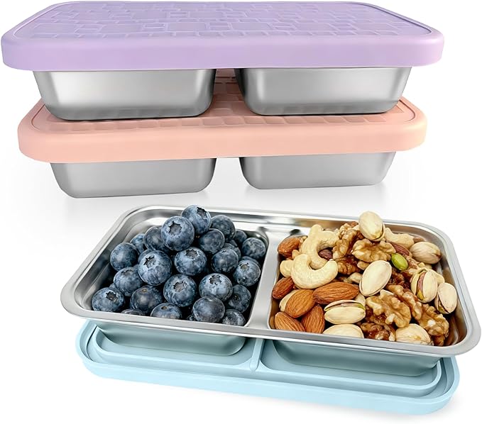 3 Pack 15 oz Stainless Steel Snack Containers for Kids, reusable metal snack containers with Silicone lids, 2 Compartment Stackable Metal Toddler Lunch Box for Daycare, School and Outdoor