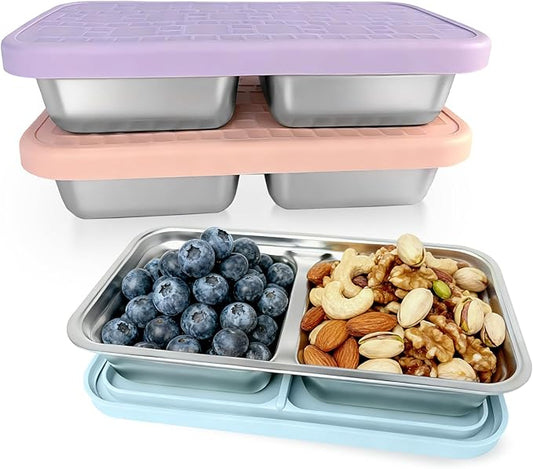 3 Pack 15 oz Stainless Steel Snack Containers for Kids, reusable metal snack containers with Silicone lids, 2 Compartment Stackable Metal Toddler Lunch Box for Daycare, School and Outdoor