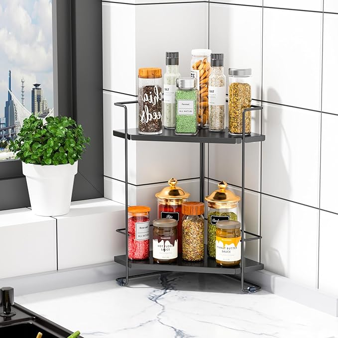 Bathroom Organizer Countertop, 2-Tier Bathroom Organizers and Storage for Bathroom Countertop, Kitchen Counter, Corner Storage Shelf for Storage, Skincare, Perfume, Makeup (Black)