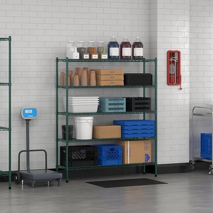 Commercial NSF Listed Green Epoxy Stationary Wire Shelving Kit 14" x 54" x 64", with 5 Shelves Perfect for Warehouse, Walk-in Refrigerator, Freezer, Grocery Store, Restaurant, Dishroom
