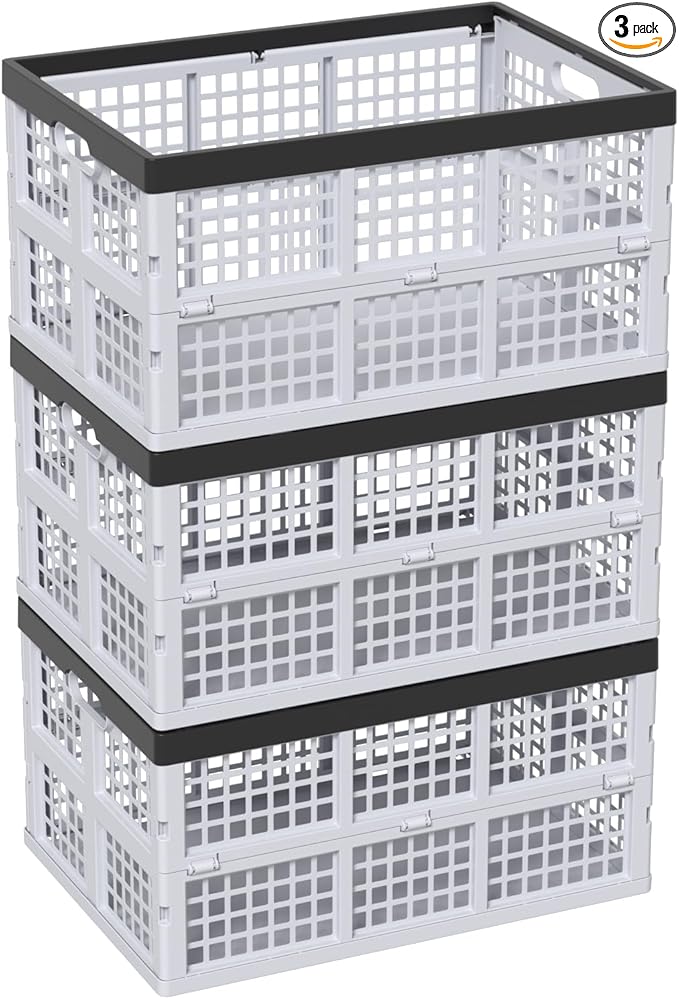Waikhomes Pack of 3 Collapsible Storage Container Crates, Large Folding Basket Box with Handle, Grey, 42 L
