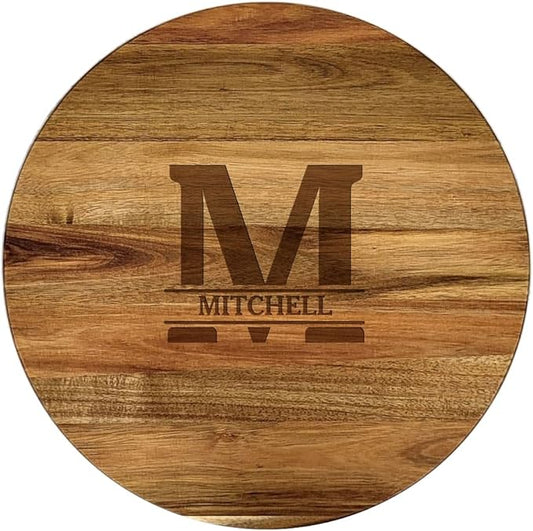 Engraved Family Name and Initial Personalized Lazy Susan, 16" Rotating Tray Brown
