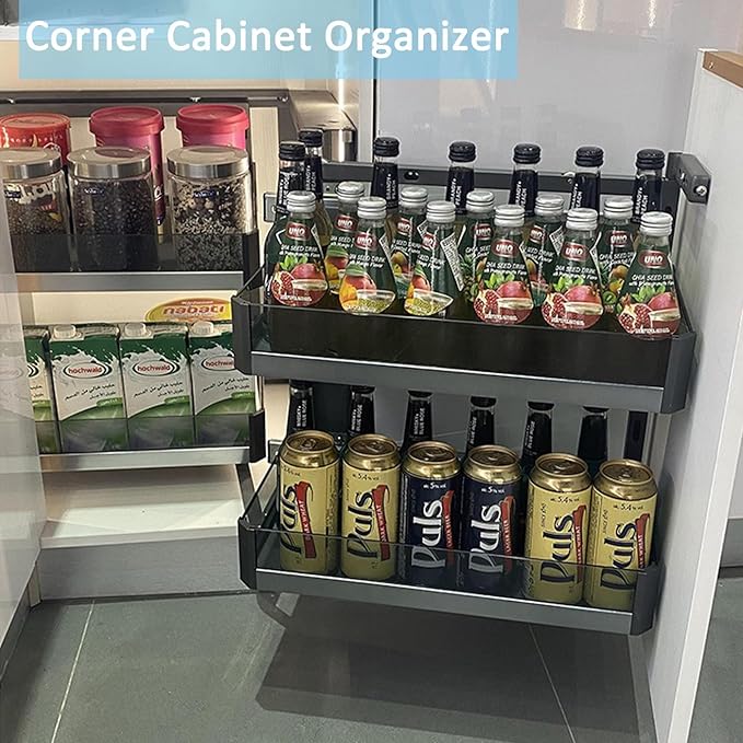 2 Tier Corner Cabinet Pull Out Organizer, 4-Shelf Blind Corner Cabinet Storage Shelf Slide Out Kitchen Cabinets Organizer for Right or Left Handed Open Kitchen Cabinet