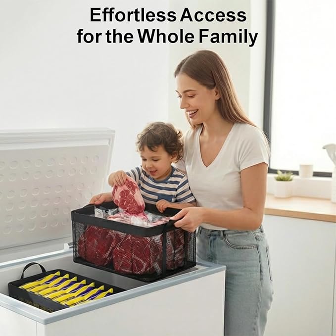iSPECLE Deep Freezer Organizer Bins - 3 Pack Large Stackable Freezer Organizer Bins for 10 to 20 Cu.Ft Chest Freezers Easy Get Foods, Faster Freezing Better Freshness, Black