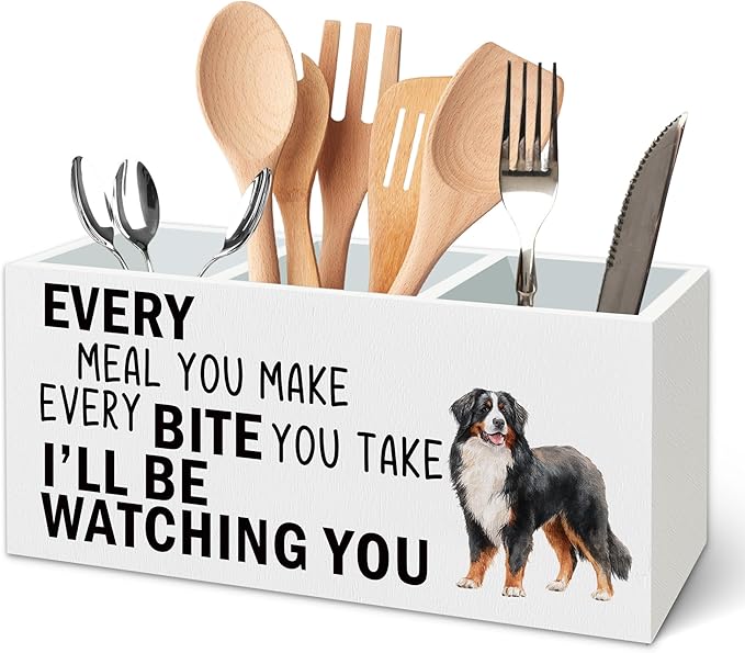 Bernese Mountain Dog Kitchen Utensil Holder for Countertop, Dog Decorative Lover Gifts, Funny Every Meal You Make Every Bite You Take Wooden Utensil Holder Organizer for Kitchen Table Decor