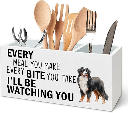 Bernese Mountain Dog Kitchen Utensil Holder for Countertop, Dog Decorative Lover Gifts, Funny Every Meal You Make Every Bite You Take Wooden Utensil Holder Organizer for Kitchen Table Decor