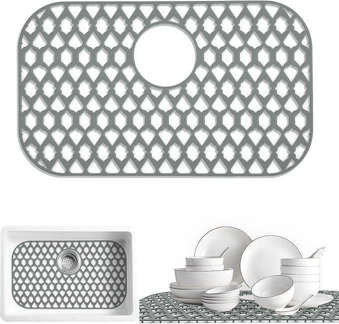 SAMSIER Sink Protectors for Kitchen Sink, Kitchen Sink Accessory - Silicone Mats Grid for Stainless Steel Strainer Bottom of Farmhouse Porcelain sinks (22”x13”, Rear Drain)