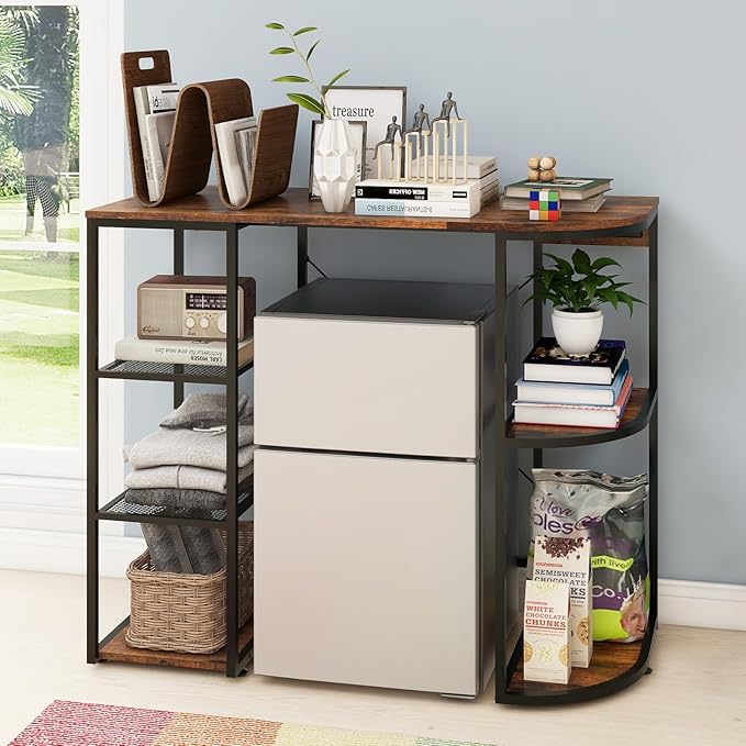PUNCIA Mini Fridge Cabinet with Power Outlet – Coffee Bar Cabinet with Refrigerator Space and Storage Shelf Beverage Wine Cooler Stand Microwave Oven Rack for Dorm Apartment or Dorm Use