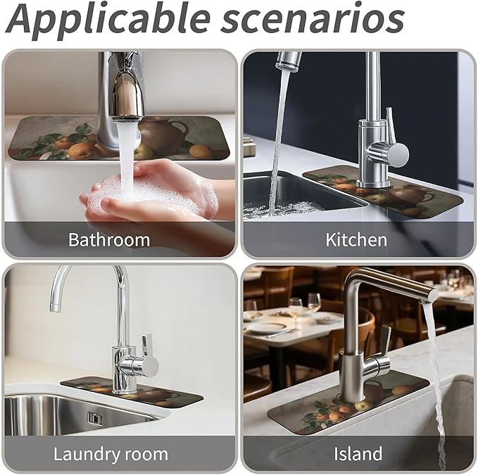 Kitchen Sink Splash Guard，apples and oranges Faucet Mat Sink Gadgets-Super Absorbent Fast Drying Mat Drip Catcher for Kitchen, Bathroom,Sink Mat, Dish Drying Mat, Bathroom(15" X 5.5" )