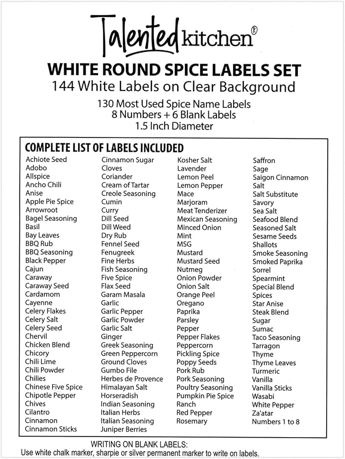 Talented Kitchen Spice Jar Labels Round Preprinted - 144 Count, 1.5 in, White Text on Clear Backing - Spice Labels Stickers, Waterproof Vinyl for Kitchen Jars & Herb Containers