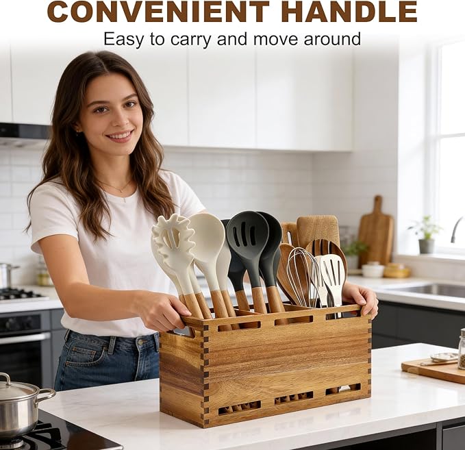 Extra Large Acacia Wood Utensil Holder for Kitchen Counter Decor Rustic Wooden Spatula Holders Cooking Utensils Organizer Countertop Silverware Caddy Spoon Kitchen Tool Holder Farmhouse Utensil Crock