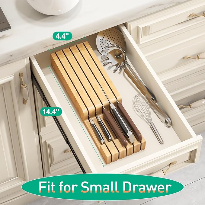 Knife Organizer Drawer Insert, In-Drawer Bamboo Wood Knife Block, Drawer Knife Storage Steak Knife Holder Without Knives, Holds up to 5 Knives