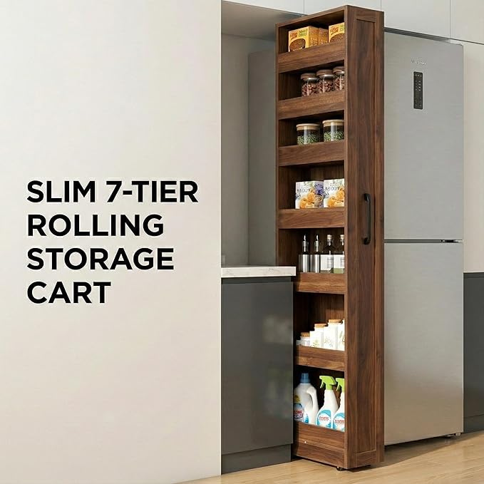 Slim Rolling Storage Cart, 7-Tier Pull-Out Spice Rack with Handle & Wheels, Narrow Kitchen Organizer for Next to Fridge, Pantry, Laundry Room, 7.87 Inch Wide Space Saver (Walnut, Hidden Wheels)