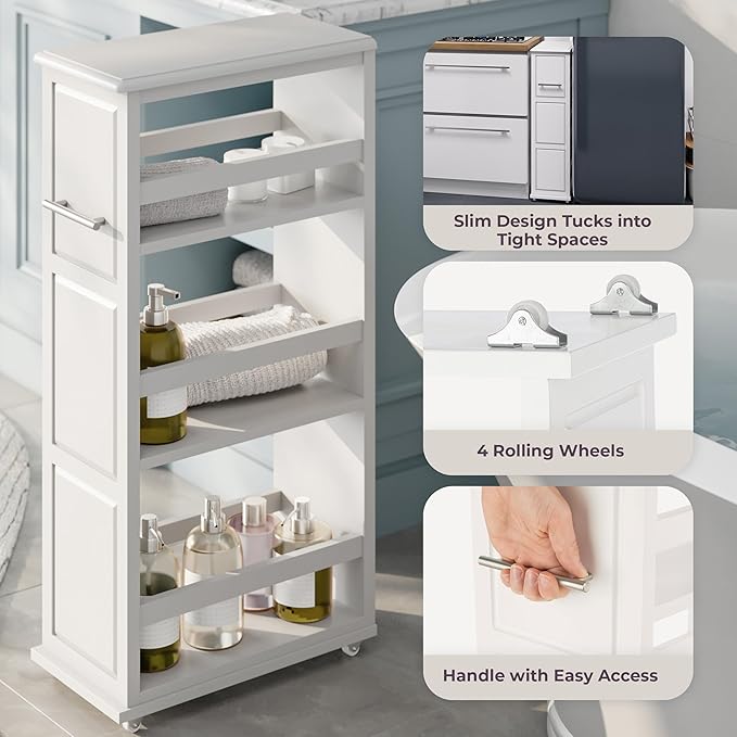 Lavish Home 3-Tier Slim Rolling Storage Cart - 16.7” x 9” Narrow Rolling Cart with Handle and Wheels for Bathroom, Laundry Room, and Kitchen Organization - Pull-Out Home Organizers (White)