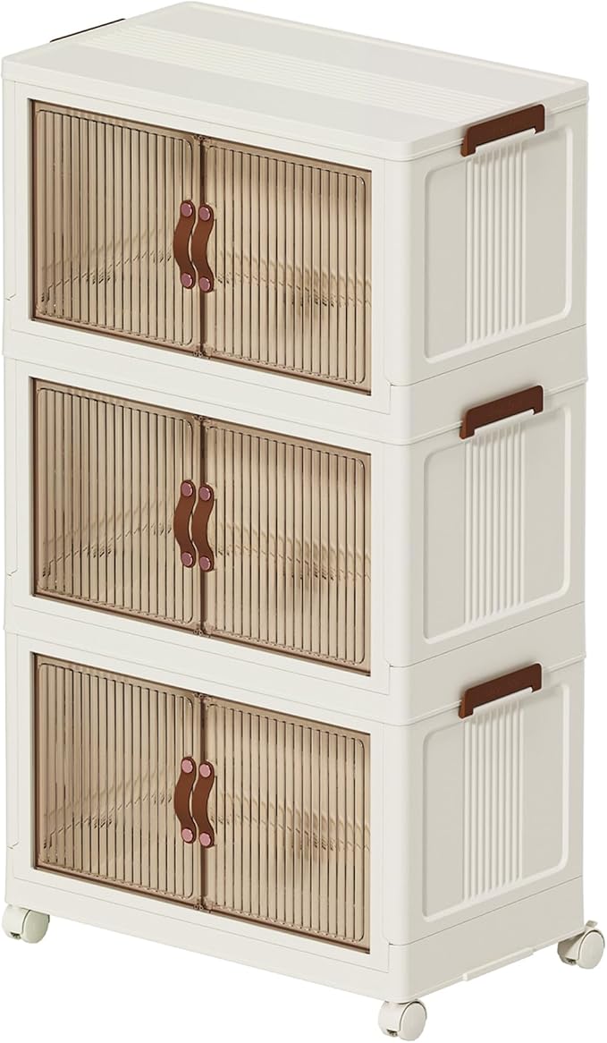 ONAIL Collapsible Stackable Storage Bins with Lids and Wheels, 98 Gal Folding Storage Box with Doors, Foldable Plastic Cabinet Storage Containers with Drawers for Clothes, Home, Room, White, 3 Tiers