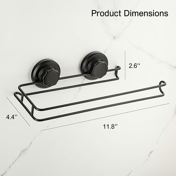 HASKO Suction Cup Paper Towel Holder, Wall Mount Metal Organizer for Bathroom & Kitchen, SUS 304 Stainless Steel Tissue Roll Hanger, Includes Optional No Drill Adhesive Mount, Matte Black