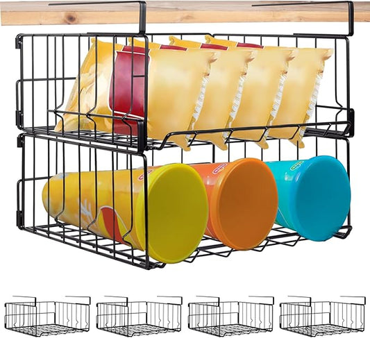 4-Pack Steel Under Cabinet Shelf Basket Organizer, Metal Wire Rack Hanging Storage Baskets Holds up to 22lbs for Kitchen, Office, Pantry, Bathroom, Cabinet (Black-4)