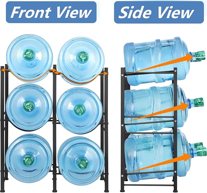 LIANTRAL 5 Gallon Water Bottle Holder, 3 Tiers Black Double Row Heavy Duty Water Cooler Jug Rack, Water Rack with 6 Slots for Home Kitchen