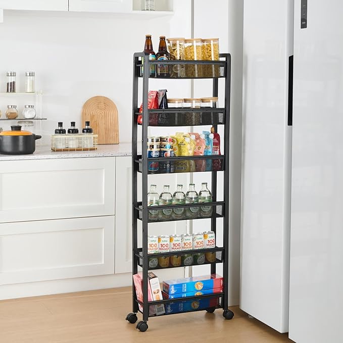 6 Tier Slim Rolling Storage Cart, Narrow Kitchen Storage Rack, Spice Rack Organizer with Wheels, Space Saving Shelf for Living Room, Laundry Room, Bathroom, Small Spaces
