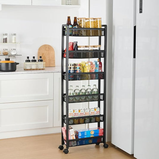 6 Tier Slim Rolling Storage Cart, Narrow Kitchen Storage Rack, Spice Rack Organizer with Wheels, Space Saving Shelf for Living Room, Laundry Room, Bathroom, Small Spaces