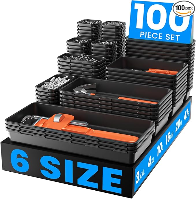 A-LuGei 【𝟲 𝗦𝗜𝗭𝗘】 Tool Box Organizer Tray Set【Fits 100+ Tools】 Black Plastic Drawer Divider Desk Drawer Organizer Garage Organization for Rolling Tool Chest Cart Workbench Office Storage