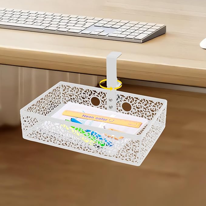 360° Rotatable Under Desk Storage Basket, Clamp-On Slide-Out Organizer for Office Desk, 12×8×4 in Metal Mesh Tray, Movable Pen File Headphone Holder, No-Drill Swivel Hanger, Under Table Shelf