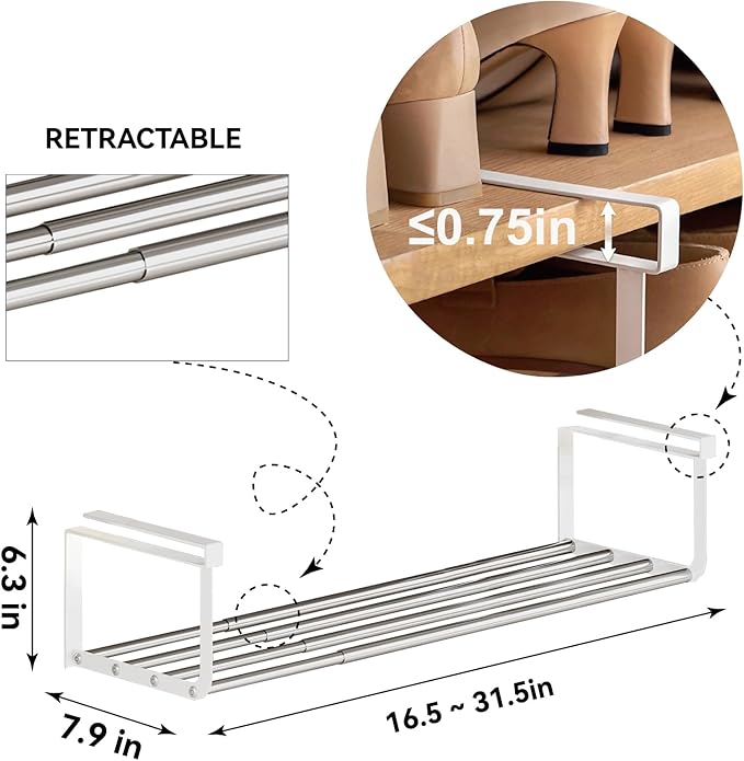 Expandable Shoe Rack Organizer - Adjustable Shoe Rack & Under Cabinet Shelf - for Shoe or Clothing Storage and Organization, Under Shelf Storage (Stainless,4Pcs)
