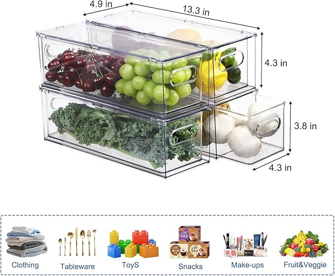 Bronkeeper Fridge Drawer Pull Out Stackable Bins, Clear Refrigerator Stackable Organizers, Fridge Organizer Storage for Kitchen, Pantry, Vegetables, Fruits (4 Small)