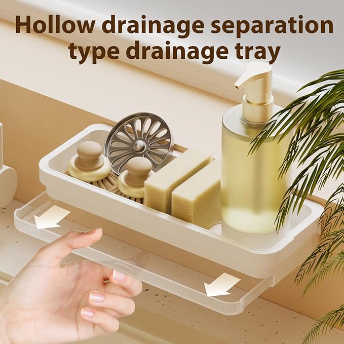 Kitchen sink organizer, wall mounted, with drain pan and sponge holder, no need for drilling installation