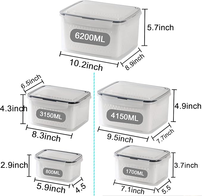 Ronanemon Large Fridge Food Storage Container Set with Lids with Strainer, Fruit Vegetable Storage Containers Keep Fruits, Vegetables, Berry, Meat Fresh longer, BPA-Free Plastic Produce Keepers
