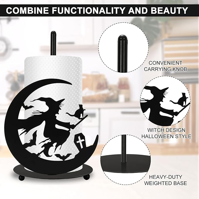 JarThenaAMCS Halloween Paper Towel Holder Black Witch Kitchen Decor Accessories for Home Bathroom, Large Metal Towel Holder Stand for Countertop