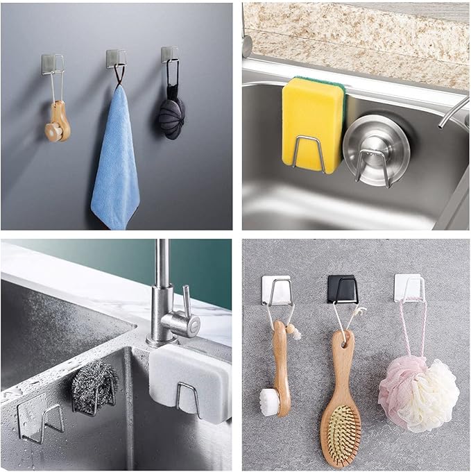 LEFTSTARER 4 Pack Sink Sponge Holder for Kitchen Sink Premium SUS304 Stainless Steel Rustproof Waterproof Quick Drying Small Strong Adhesive Sponge Holder (6.Silver X 8PCS Upgrade Style)