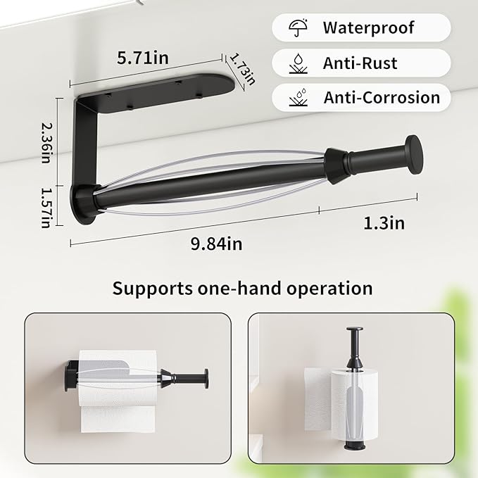Fixwal Paper Towel Holder Under Cabinet, Single Hand Operable Wall Mount Paper Towel Holder with Damping Effect, Bend-Resistant, Self-Adhesive or Drill Mounting for Kitchen Bathroom, Black
