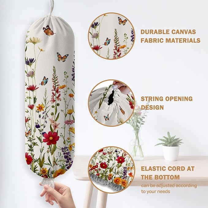 Plastic Bag Holder, Grocery Bag Organizer Storage, Kitchen Dispenser Holders Reusable Shopping with Adjustment Drawstring Closure for Kitchen Farmhouse Decor, Flower and Butterfly