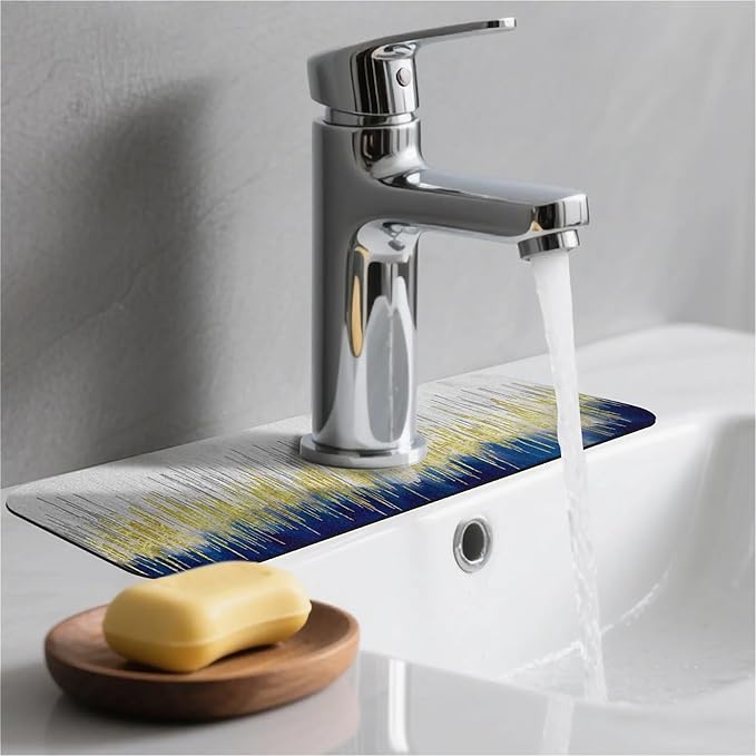 Kitchen Sink Splash Guard，Blue and Gold Graffiti Faucet Mat Sink Gadgets-Super Absorbent Fast Drying Mat Drip Catcher for Kitchen, Bathroom,Sink Mat, Dish Drying Mat, Bathroom(15" X 5.5" )