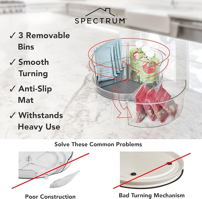 Spectrum Removable Compartment Lazy Susan 3 Bin Storage Organizer 11 in Charcoal Gray, Lazy Susan Turntable Spinning Storage for Cabinet Refrigerator Pantry Table Pantry Bath Kitchen Organization