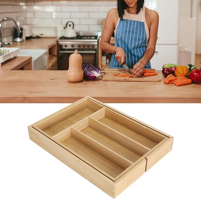 Kitchen Silverware Organizer Expandable for Cutlery and Utensils, Adjustable Wood Utensil Storage Cutlery Tray for Drawers, Kitchen Drawer Organizer Utensil Holder Makeup Organizer with(6 Slots)
