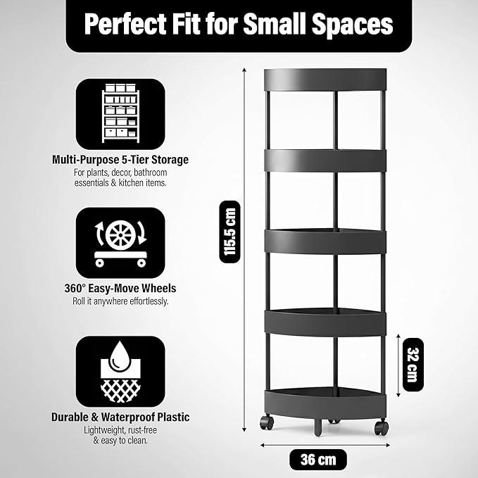 Durable 5-Tier Corner Storage Shelf with Wheels – Triangle Rolling Rack for Bathroom Organizers and Storage – Space-Saving Black Plastic