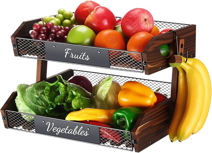2 Tier Fruit Basket for Kitchen Counter Organizer with Banana Hangers Wooden Fruit Basket Kitchen Counter Storage Holder for Onion Potato Bread Vegetable Organize(15.75 x 11.8 x 10.6 Inches)