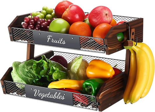 2 Tier Fruit Basket for Kitchen Counter Organizer with Banana Hangers Wooden Fruit Basket Kitchen Counter Storage Holder for Onion Potato Bread Vegetable Organize(15.75 x 11.8 x 10.6 Inches)