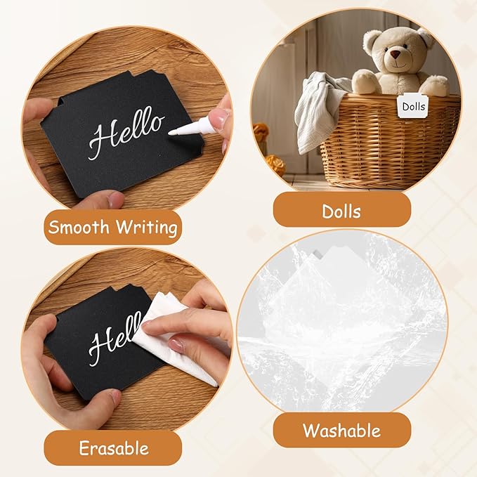 YooNotee 50 Pcs Basket Labels Clip on with 4 Black Chalk Markers Reusable Plastic Storage Bin Erasable Labels Kitchen Pantry PVC Tag Stickers for Fabric Cubes Basket Box Organization (White and Black)