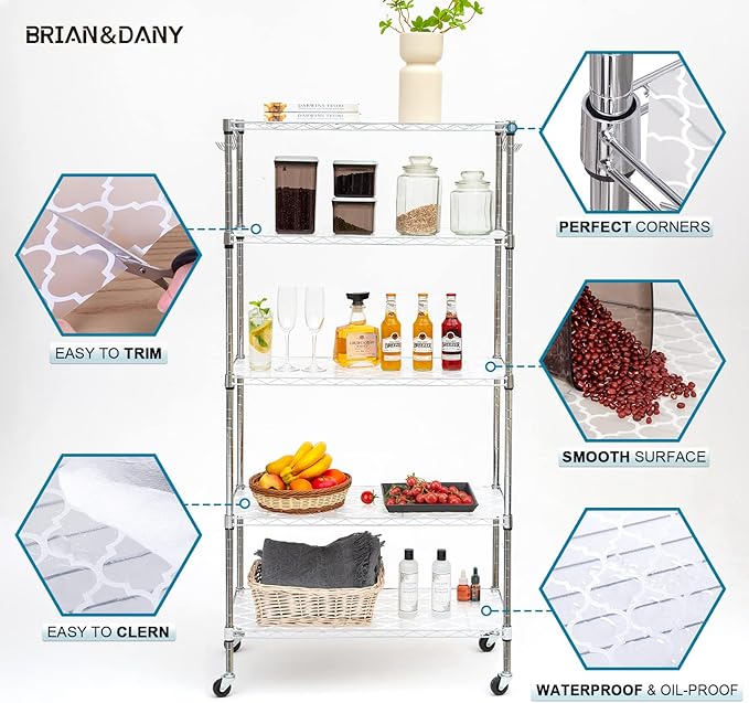 BRIAN & DANY Wire Shelf Liner 14" X 36", Heavy Duty Shelf Liners for Wire Shelving, Waterproof Protector Mats, Set of 5, Quatrefoil Grey