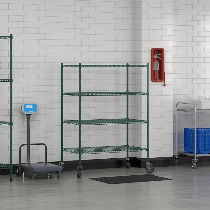 Commercial NSF Listed Green Epoxy Mobile Wire Shelving Kit 24" x 42" x 60", with 4 Shelves Perfect for Warehouse, Walk-in Refrigerator, Freezer, Grocery Store, Restaurant, Dishroom