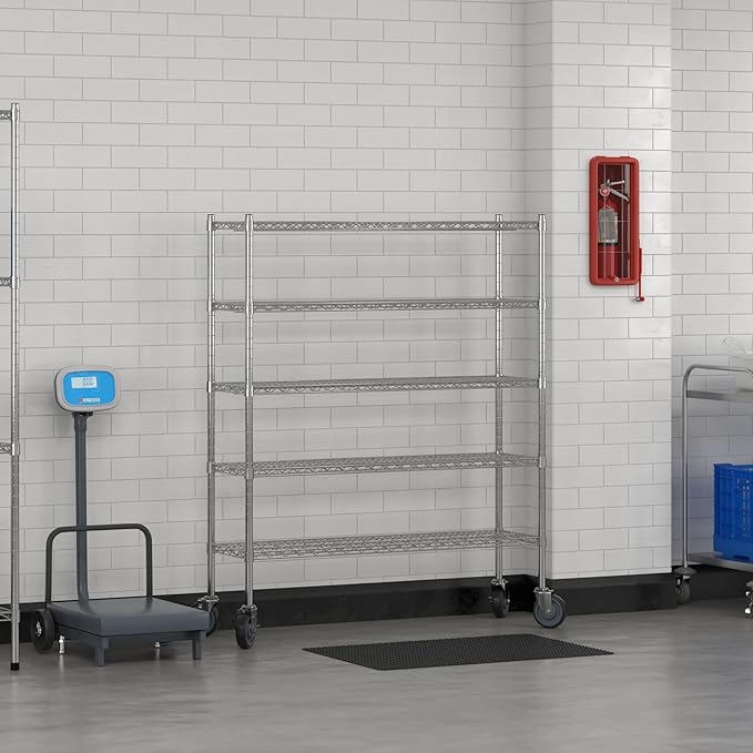 Commercial NSF Listed Chrome Mobile Wire Shelving Kit 14" x 48" x 60", with 5 Shelves Perfect for Warehouse, Walk-in Refrigerator, Freezer, Grocery Store, Restaurant, Dishroom