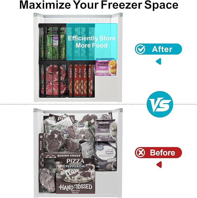 iSPECLE Freezer Organizer Bins - 4 Pack Deep Freezer Organizer Bins for 5 to 7 Cu.Ft Chest Freezers Easily Access Pizza (≤12"), Faster Freezing Better Freshness, Black