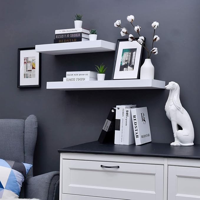 WELLAND 24 inch White Mission Floating Shelves for Wall, Bathroom and Bedroom, Modern Display and Book Shelves, Wall Mounted