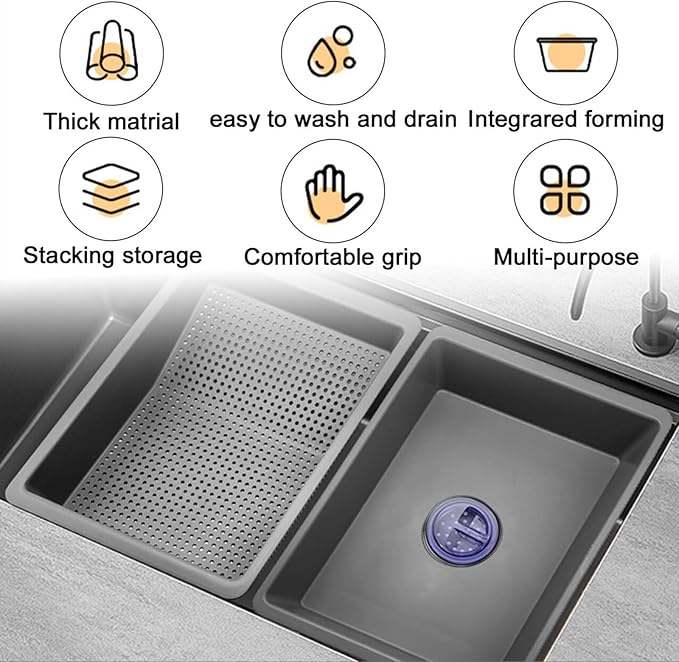 Kitchen Sink Strainer Basket Set Multifunctional Portable Strainer Basin with Sink Stopper Dishwashing Basin Vegetable Strainer Basket Drain Pasta Kitchen Sink Accessories(ABS+PP）