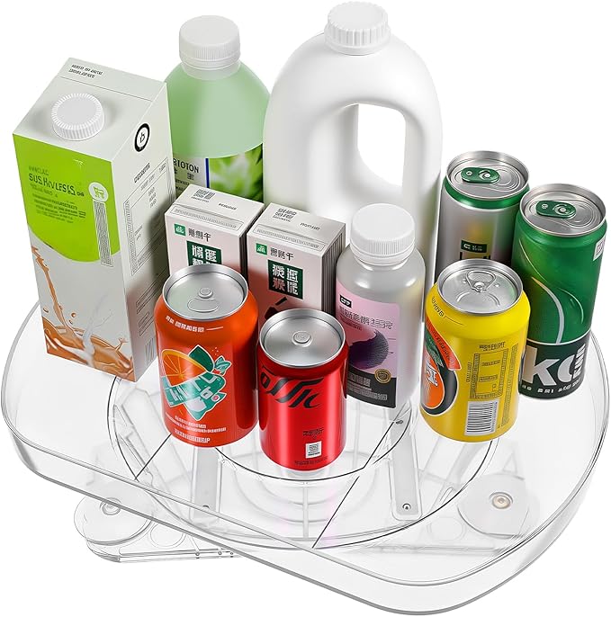Afcabakila Lazy Susan Turntable for Refrigerator, 15"x11" Rotating Spice Rack Organizer 360°Clear PET Organizer Storage Tray Cabinet, Pantry Countertop with Suction Cups Large Rectangular Fridge Shelf